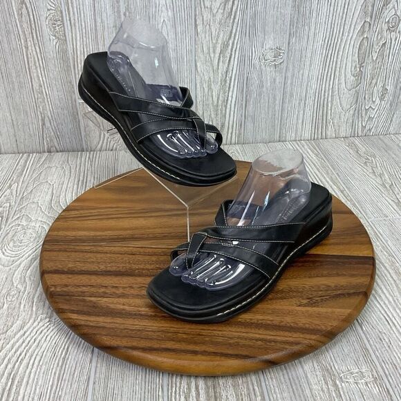Unlisted Shoes - Unlisted Women's Size 11 Crosswinds Black Leather Wedge Slip on Sandals